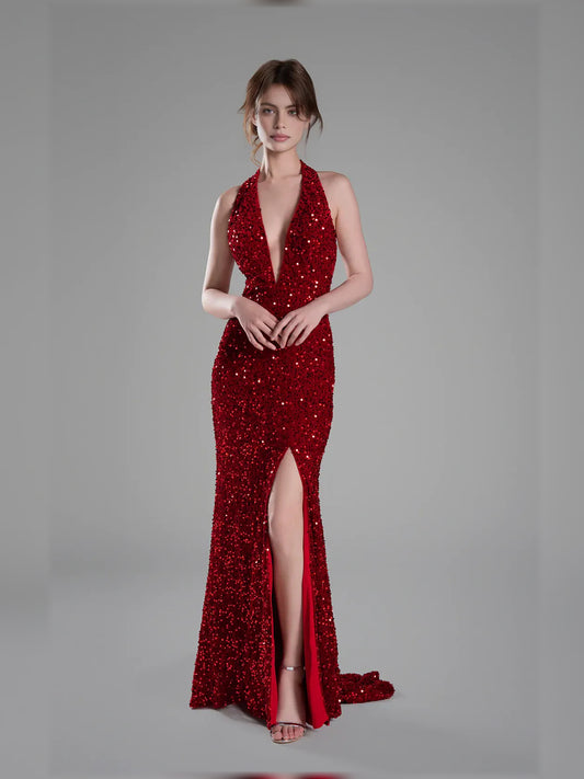 Deep Red mermaid floor-length formal dress with halter neckline, full-length front view