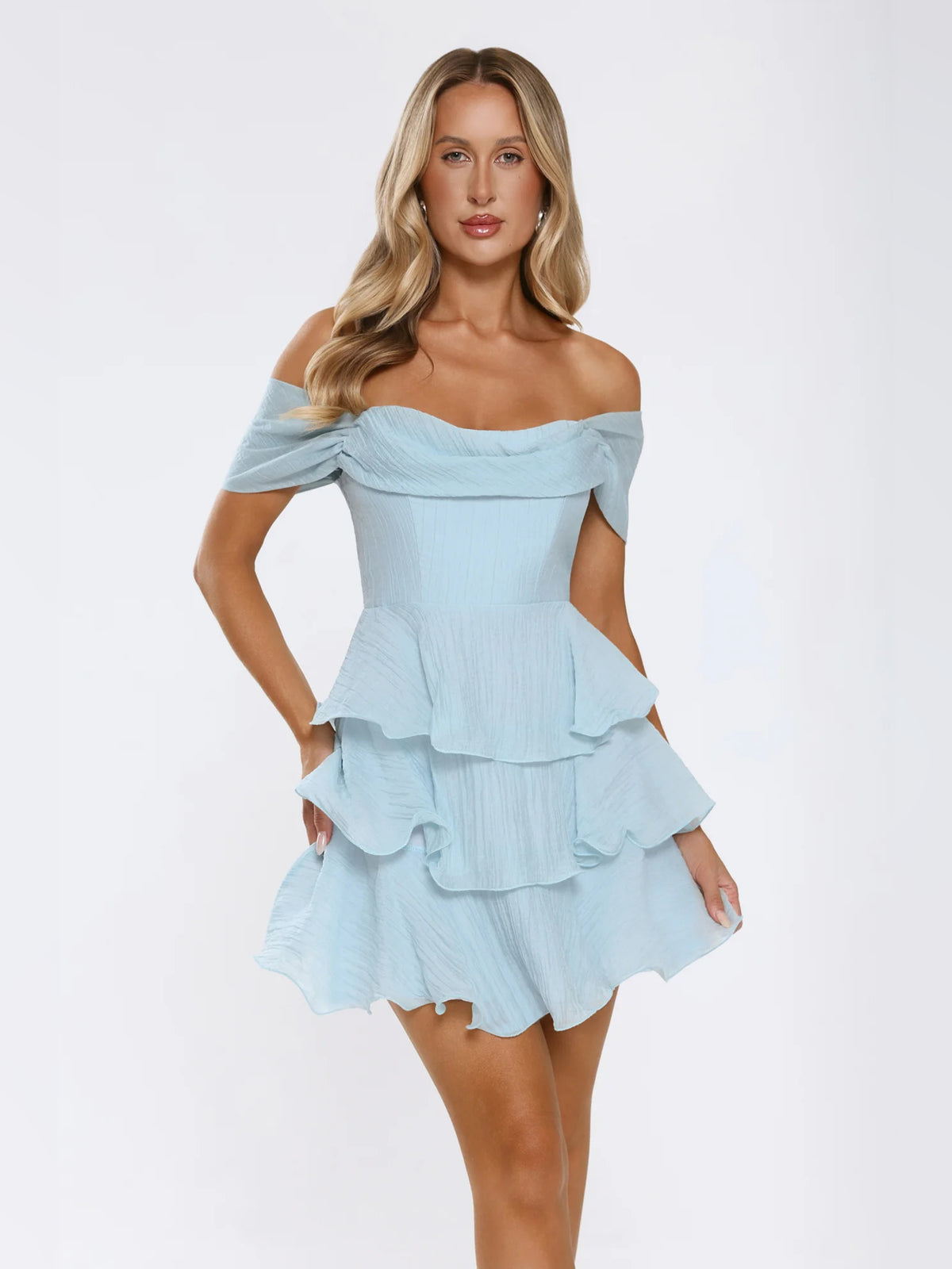 Blue mini homecoming dress, front view showing the silhouette