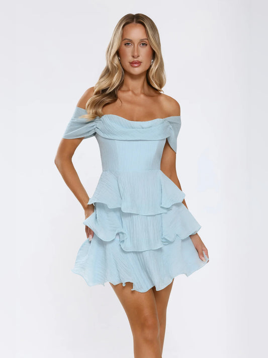 Blue mini homecoming dress, front view showing the silhouette
