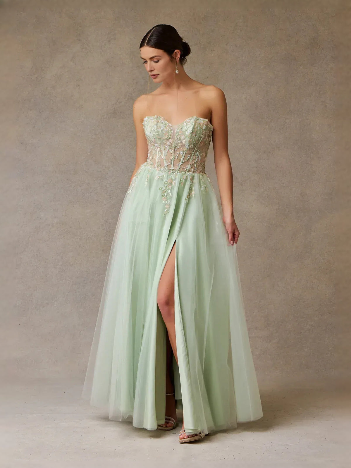 Celadon floor-length prom dress, front view showing the a-line silhouette
