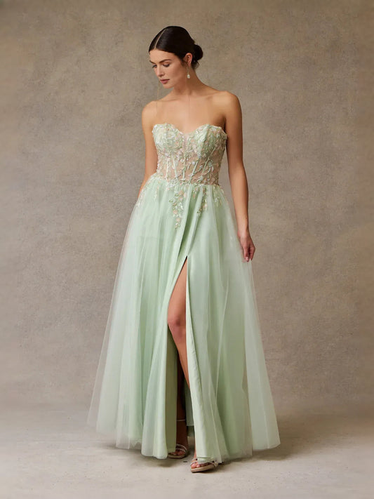 Celadon floor-length prom dress, front view showing the a-line silhouette