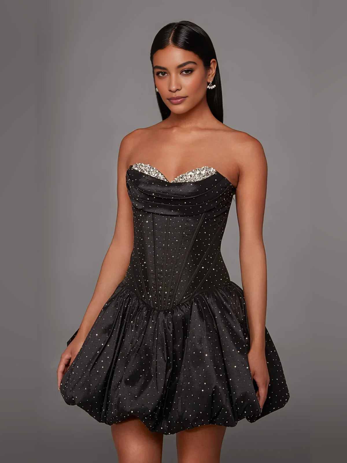 Black mini homecoming dress, alternate view showing the full-length silhouette