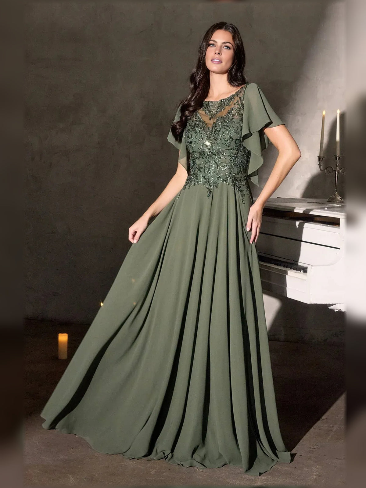 Dusty Sage floor-length mother of the bride dress, front view showing the a-line silhouette