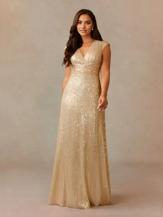 Champagne column floor-length formal dress with V-neckline, full-length front view