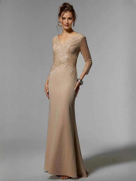 Champagne a-line floor-length formal dress with V-neckline, full-length front view