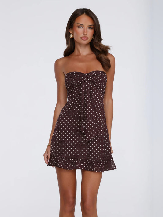 Brown mini homecoming dress, front view showing the silhouette