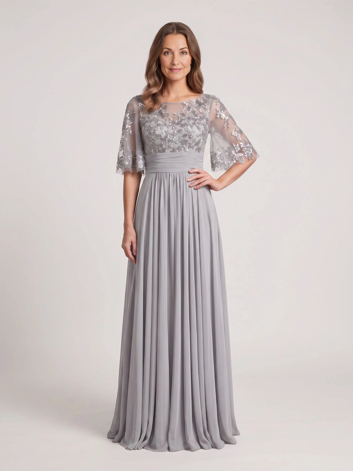 Steel Grey floor-length mother of the bride dress, front view showing the a-line silhouette