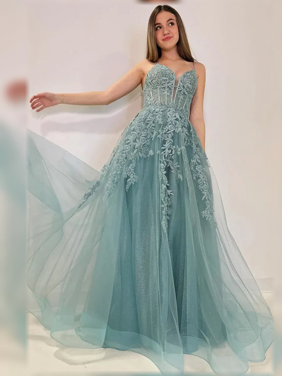 Dusty Green a-line floor-length formal dress with sweetheart neckline, full-length front view