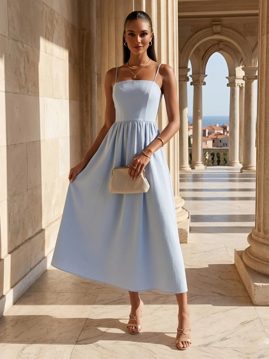 Light Blue midi bridesmaid dress, front view showing the a-line silhouette