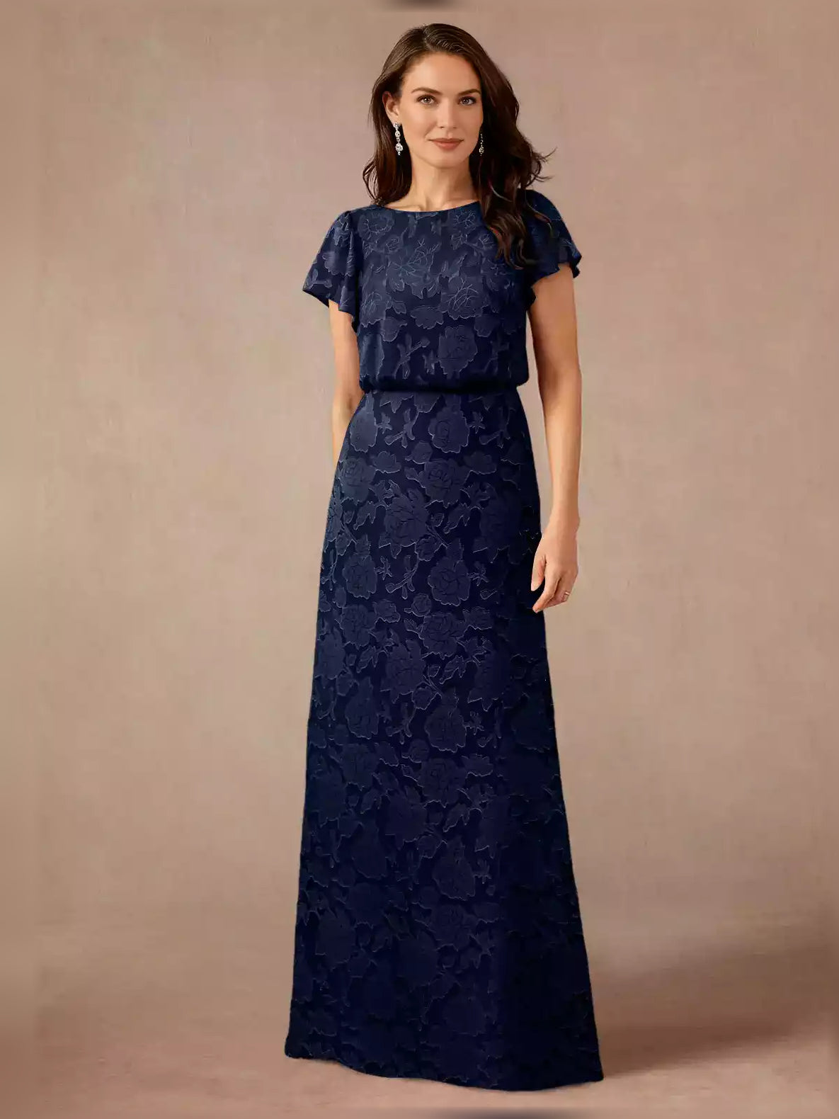 Navy Blue maxi mother of the bride dress, front view showing the a-line silhouette