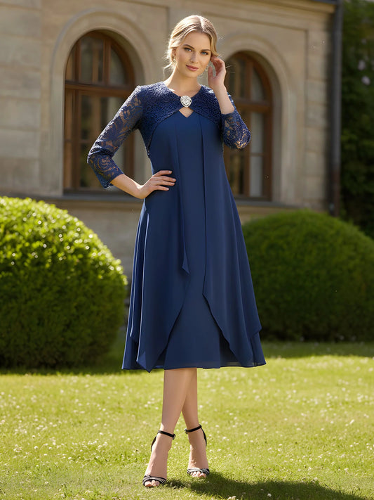 Dark Navy midi mother of the bride dress, front view showing the a-line silhouette