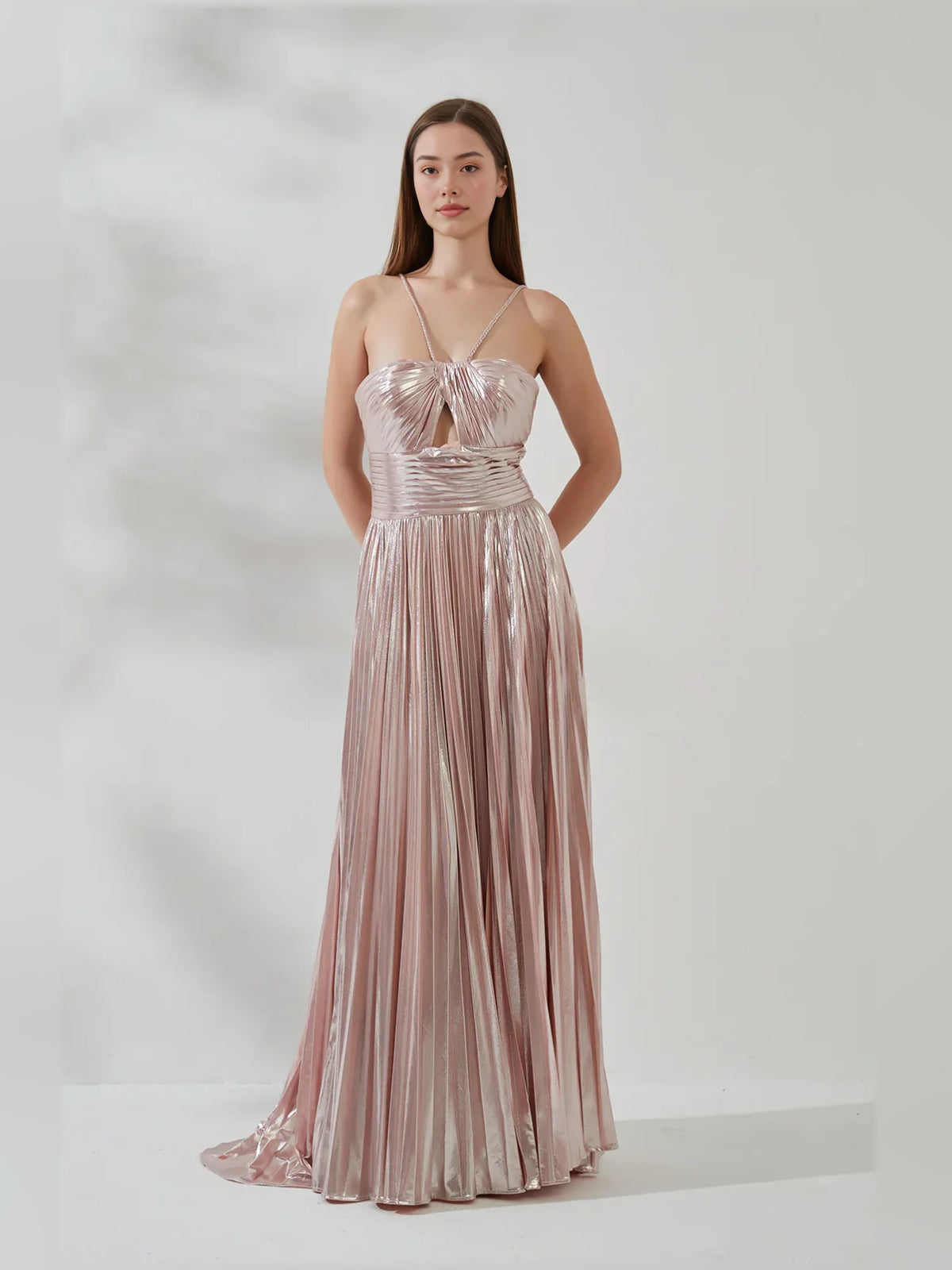 Blush Pink a-line floor-length formal dress with one-shoulder neckline, full-length front view