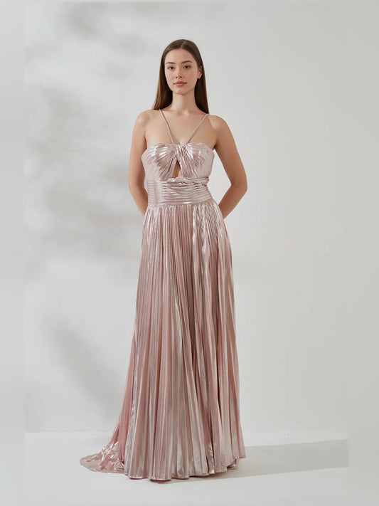 Blush Pink a-line floor-length formal dress with one-shoulder neckline, full-length front view