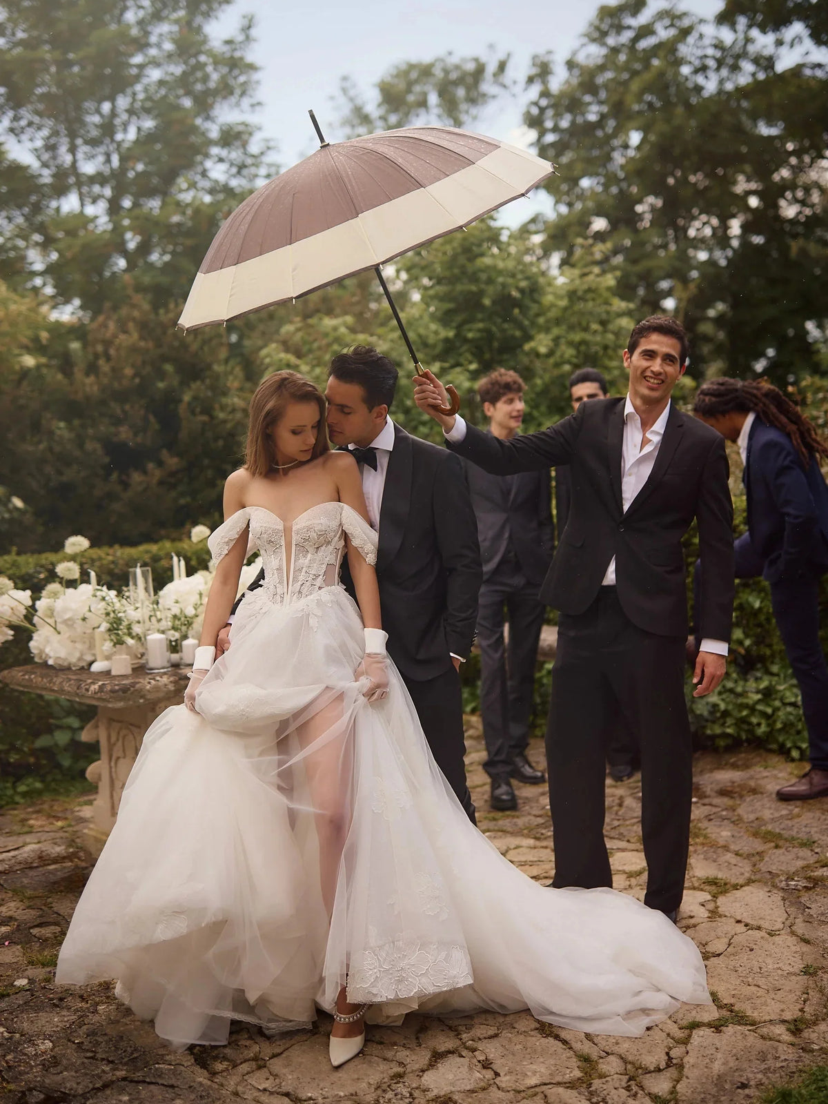 Ivory floor-length wedding dress, front view showing the a-line silhouette