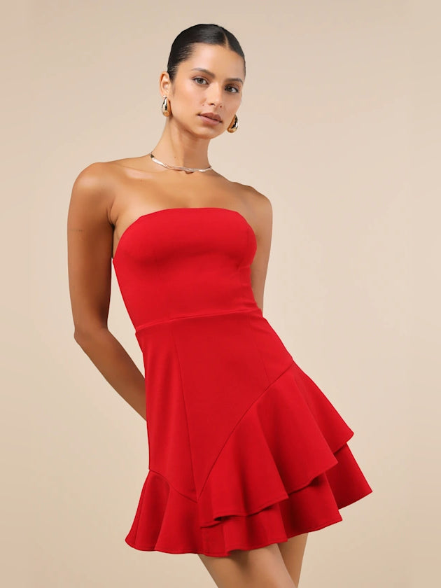 Red mini homecoming dress, front view showing the silhouette