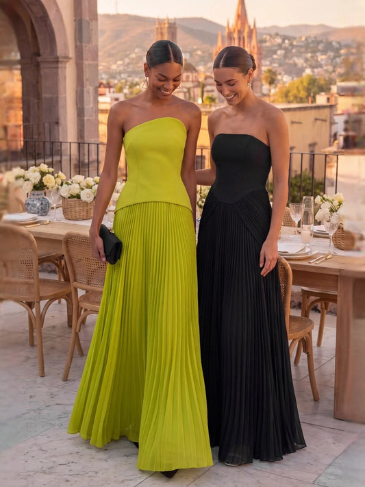 Lime Green maxi bridesmaid dress, front view showing the column silhouette