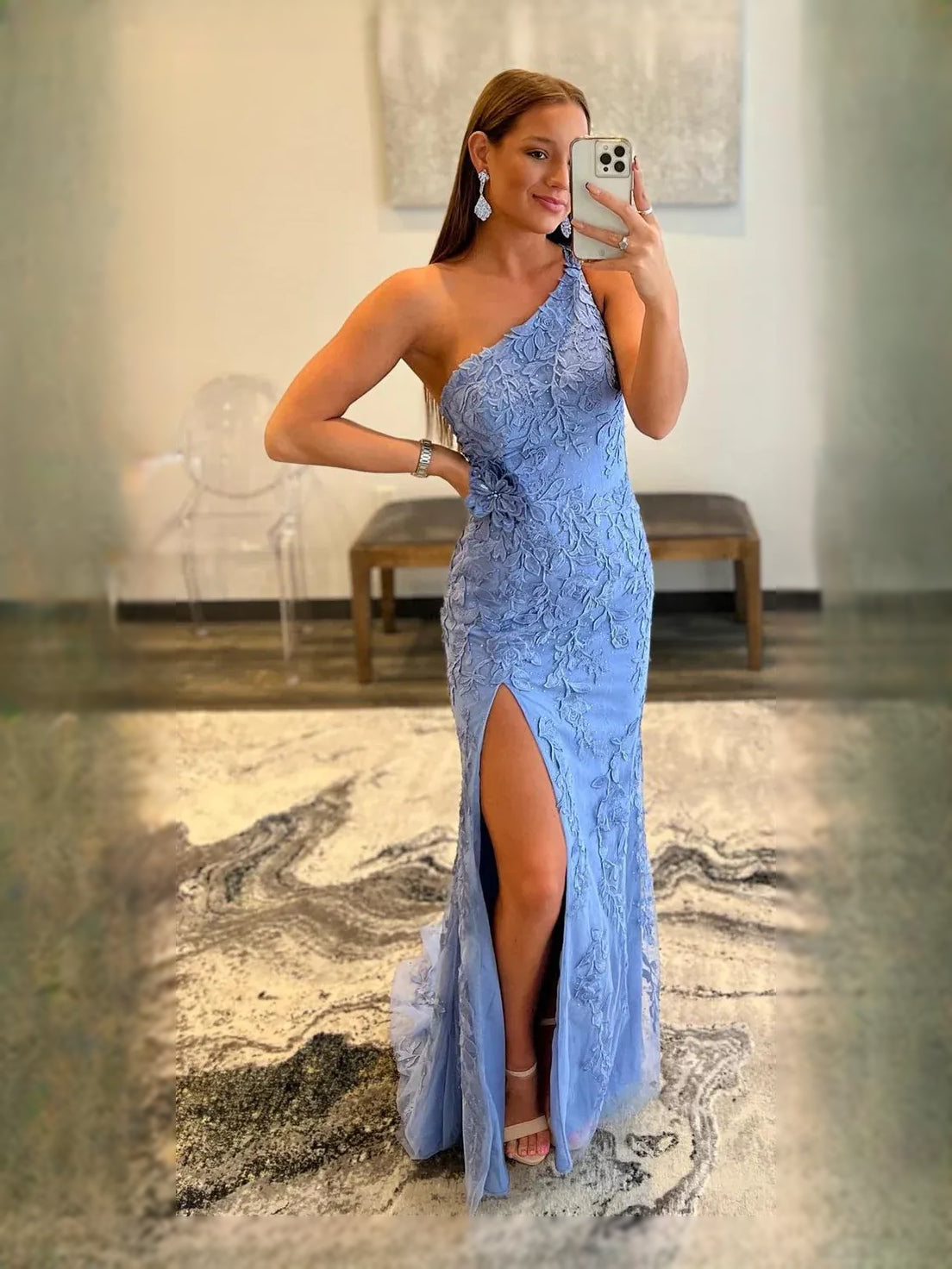 Light Blue maxi prom dress, front view showing the mermaid silhouette