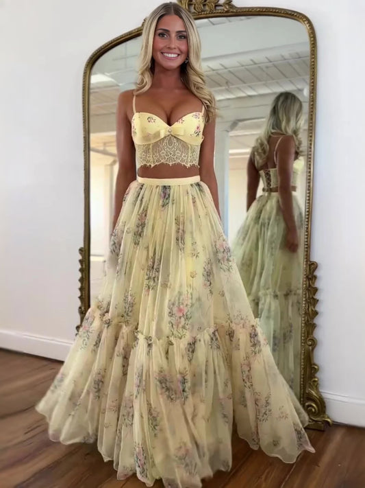 Yellow maxi prom dress, front view showing the a-line silhouette