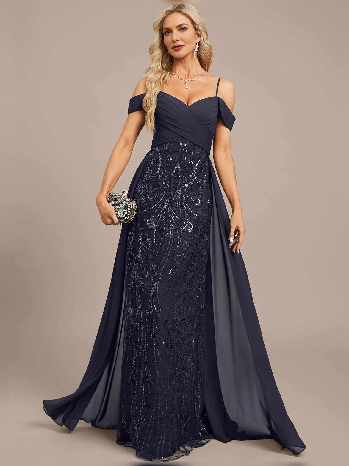 Dark Navy maxi mother of the bride dress, front view showing the mermaid silhouette