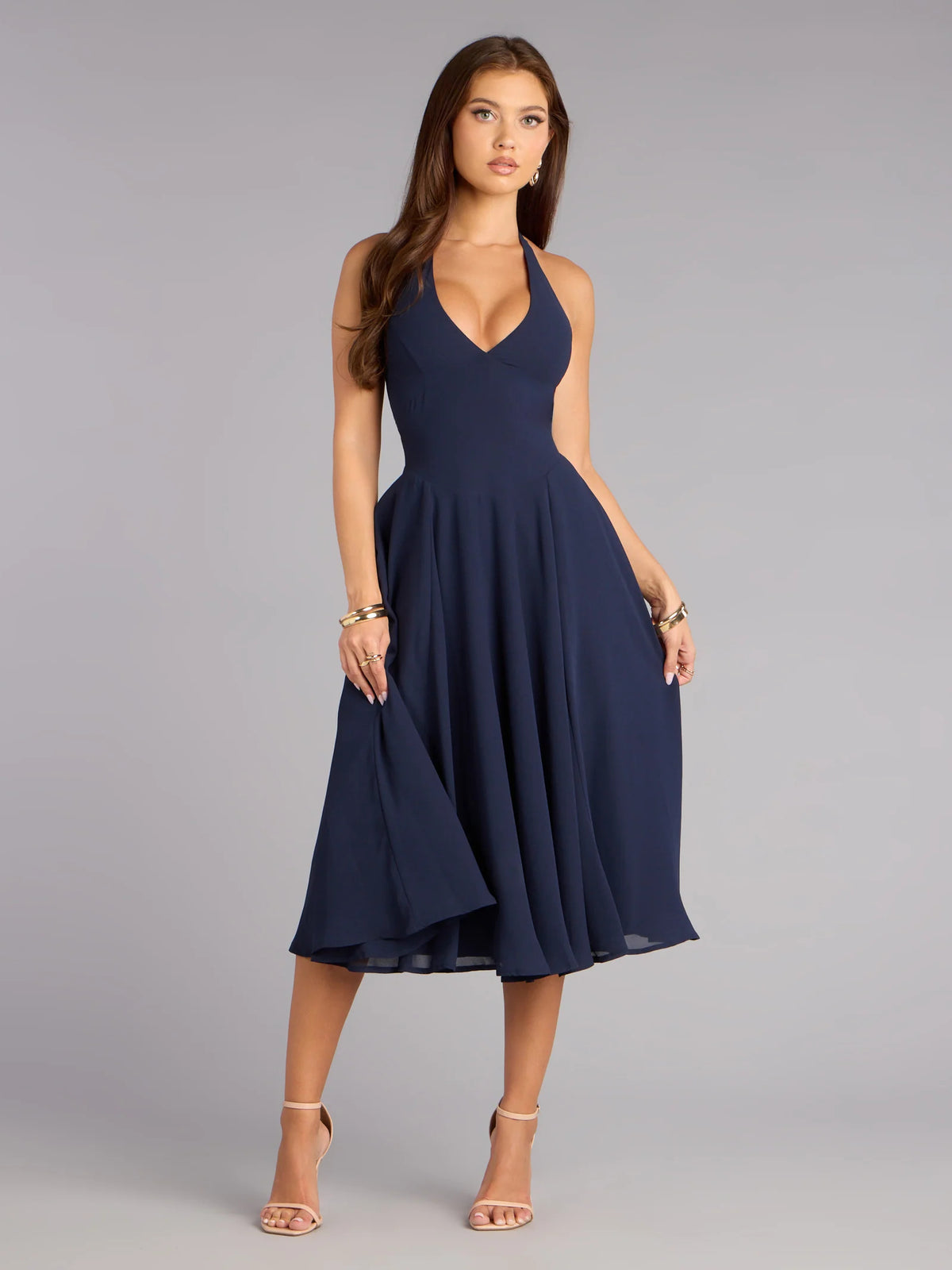 Blue midi formal dress, full-length front view