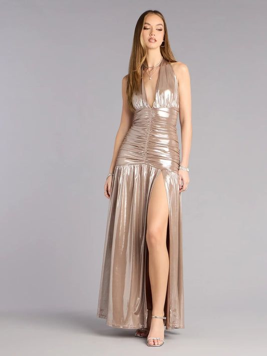 Gold a-line floor-length formal dress with halter neckline, full-length front view