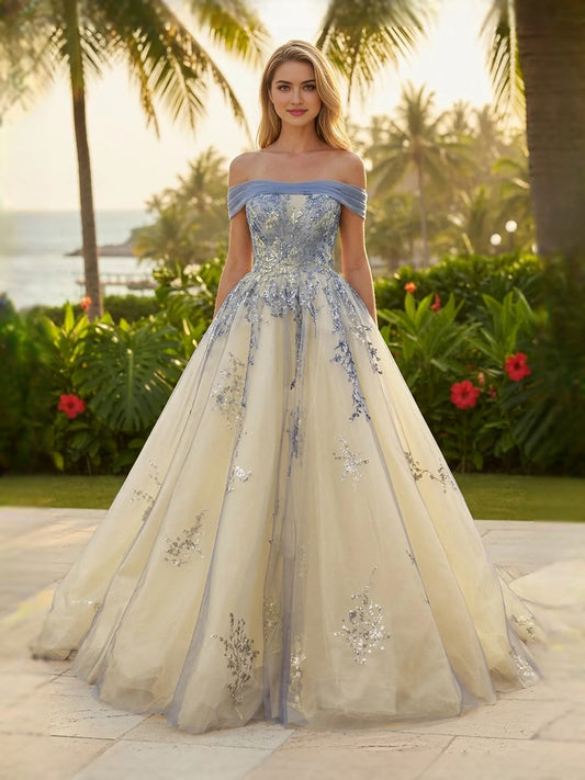 Gold floor-length prom dress, front view showing the a-line silhouette