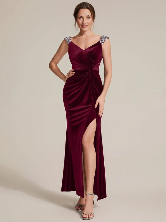 Burgundy maxi mother of the bride dress, front view showing the mermaid silhouette
