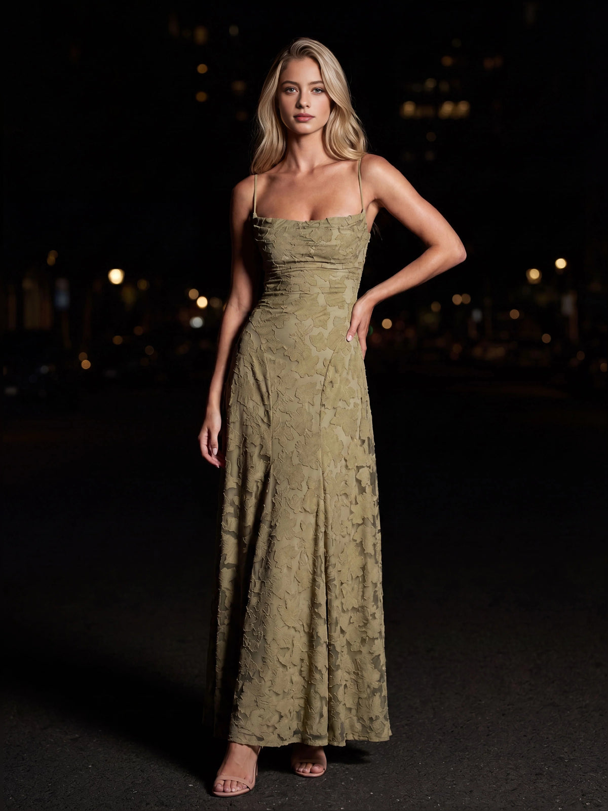 Dusty Sage maxi bridesmaid dress, front view showing the a-line silhouette