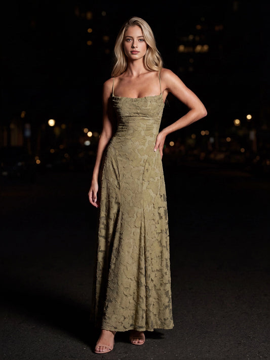 Dusty Sage maxi bridesmaid dress, front view showing the a-line silhouette