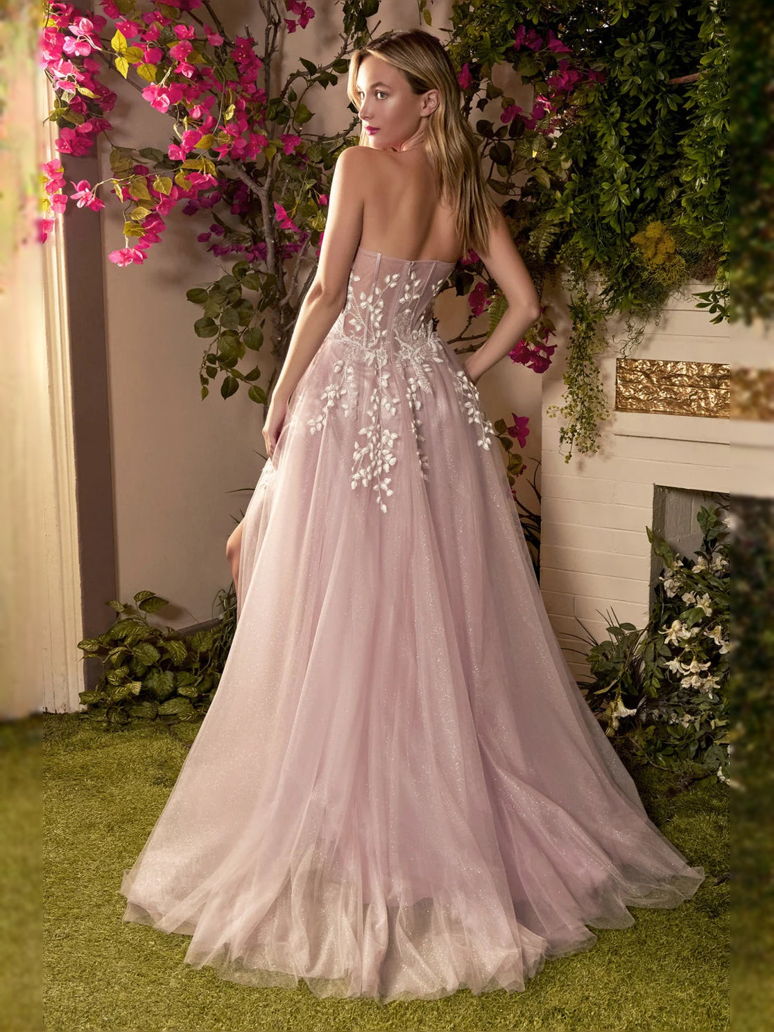 Mauve floor-length prom dress, front view showing the a-line silhouette