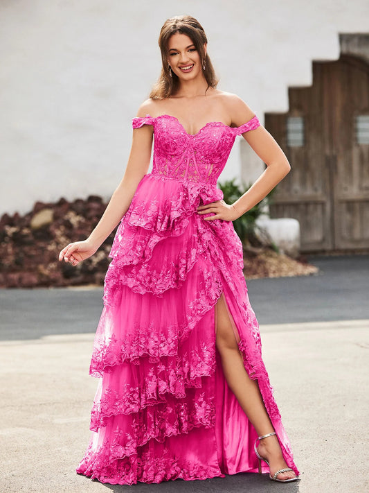 Magenta floor-length prom dress, front view showing the a-line silhouette