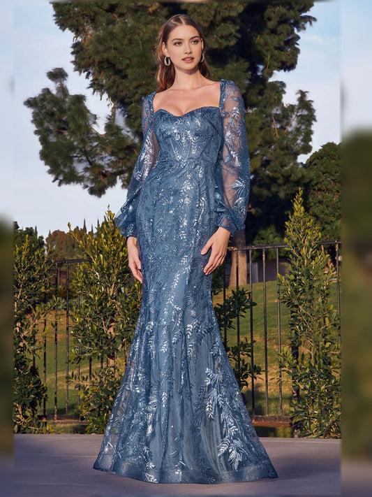 Slate Blue floor-length mother of the bride dress, front view showing the trumpet silhouette