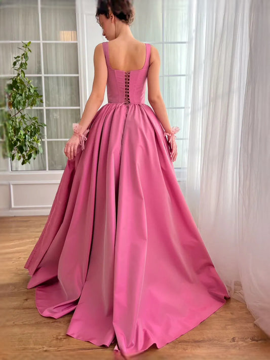 Hot Pink maxi prom dress, front view showing the a-line silhouette