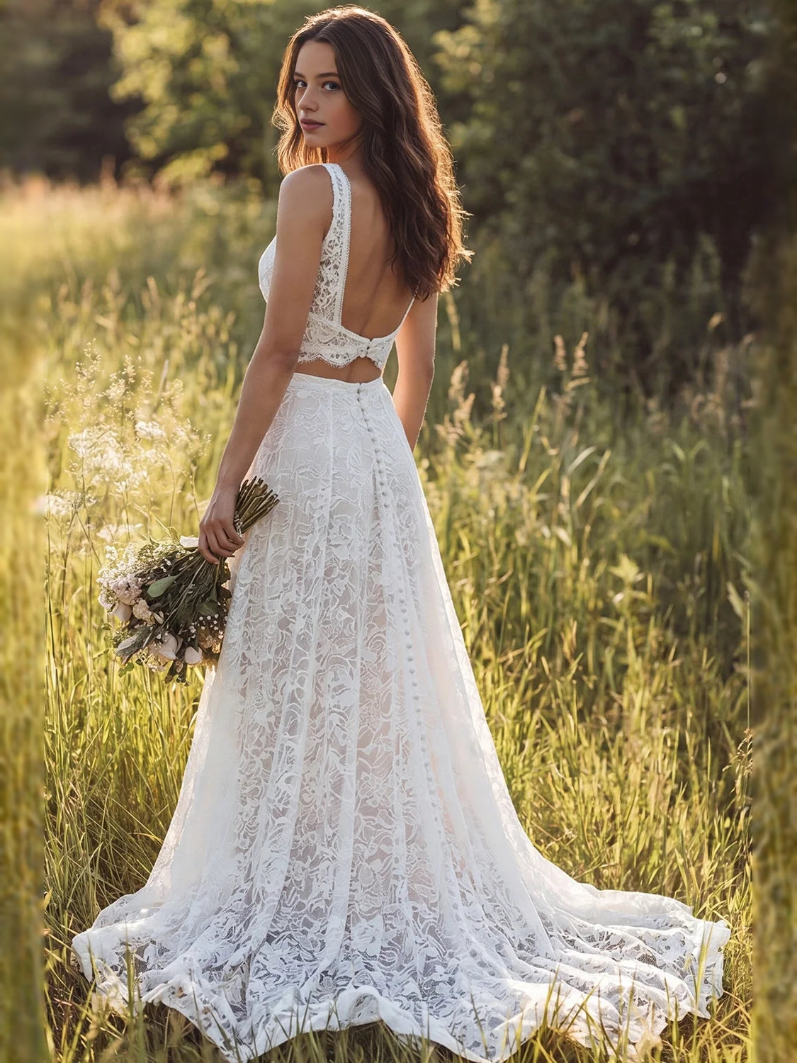 Ivory floor-length wedding dress, front view showing the a-line silhouette