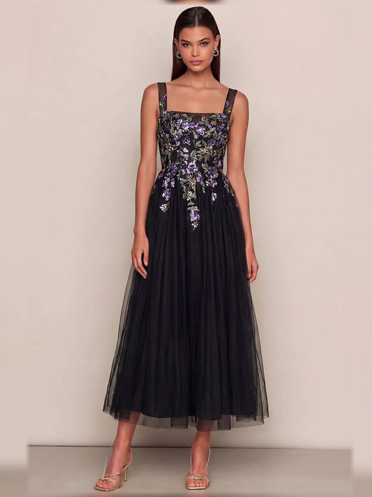Black a-line midi formal dress with square neckline, full-length front view