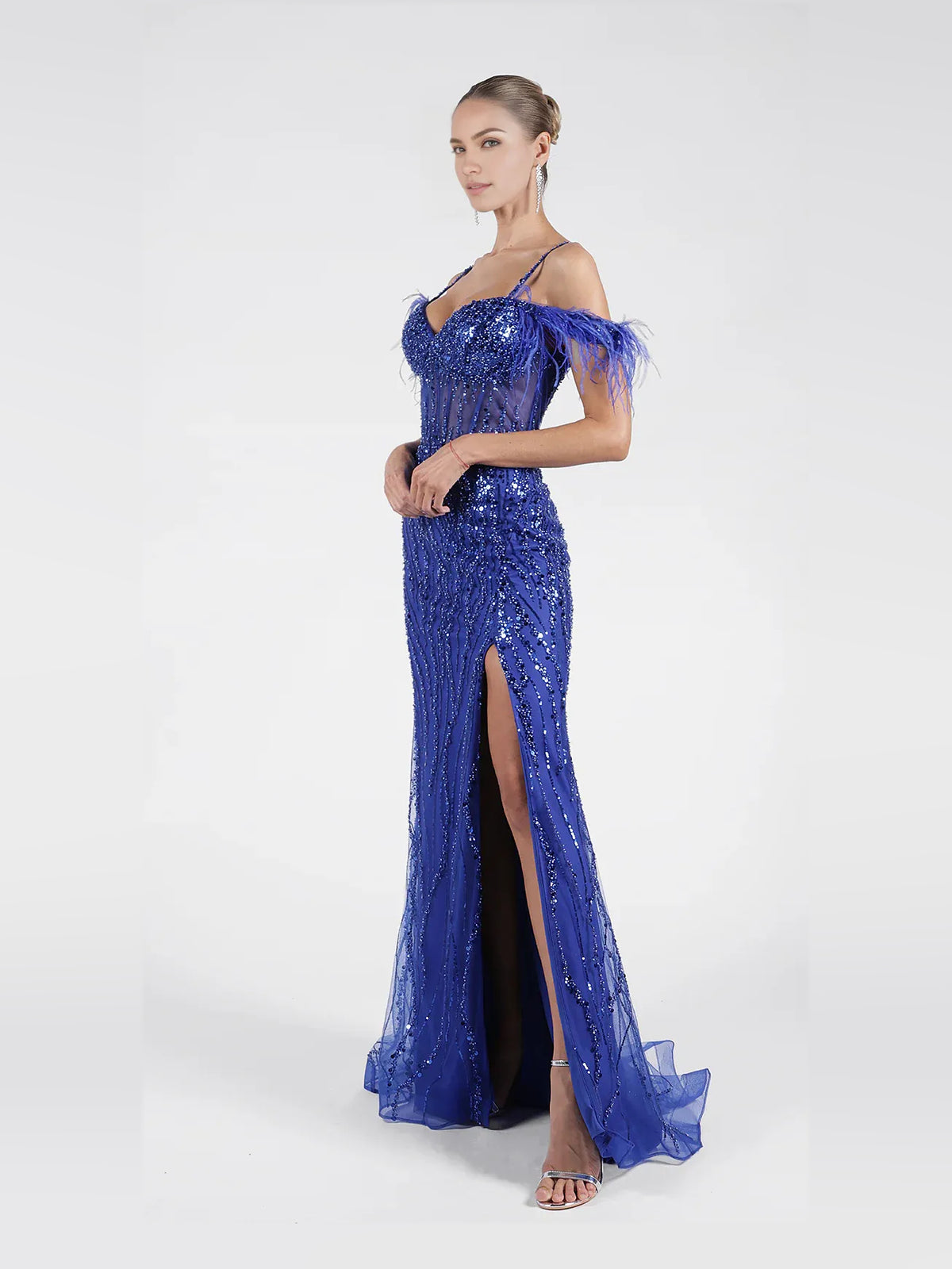 Dark Blue floor-length prom dress, front view showing the mermaid silhouette