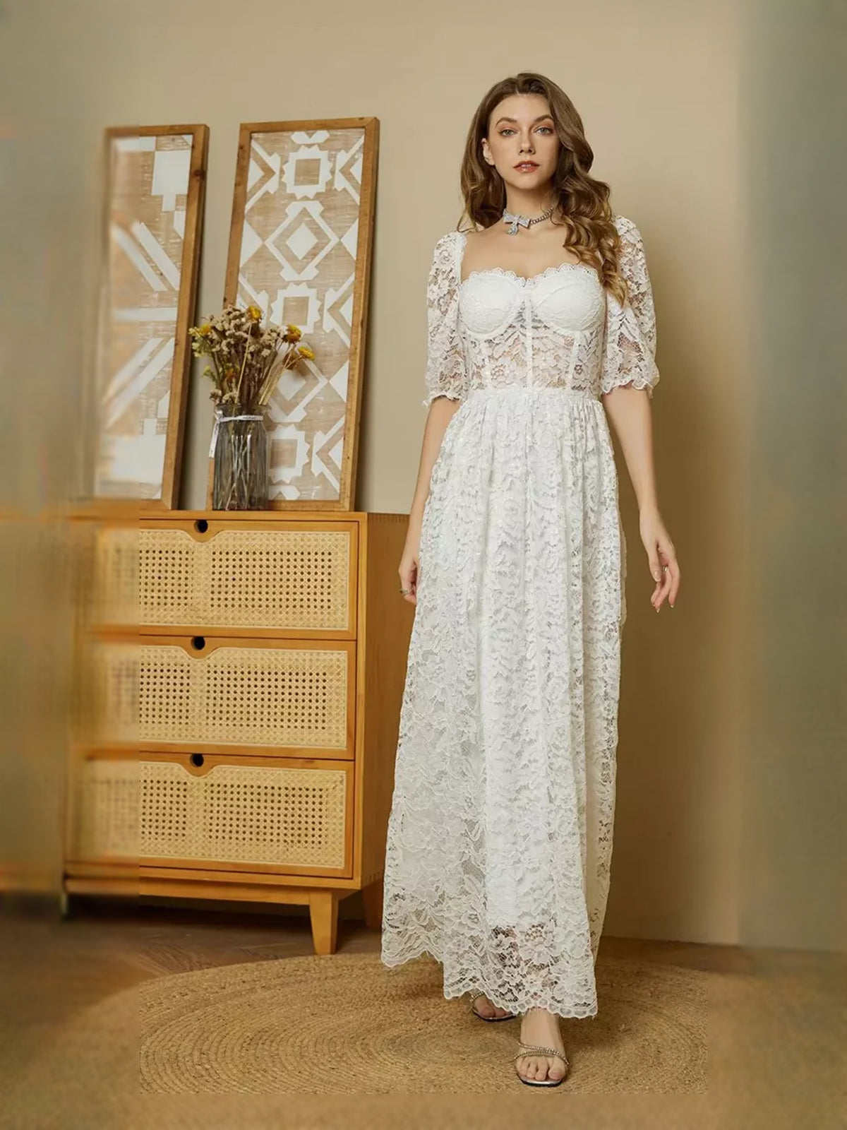 Ivory maxi prom dress, front view showing the a-line silhouette