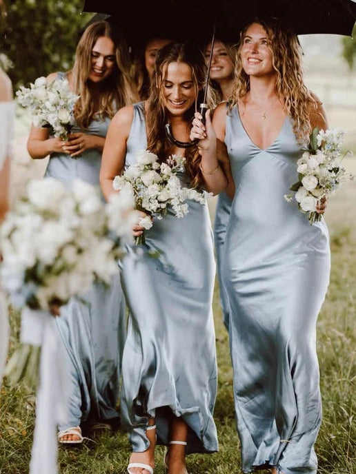 Dusty Blue maxi bridesmaid dress, front view showing the sheath silhouette