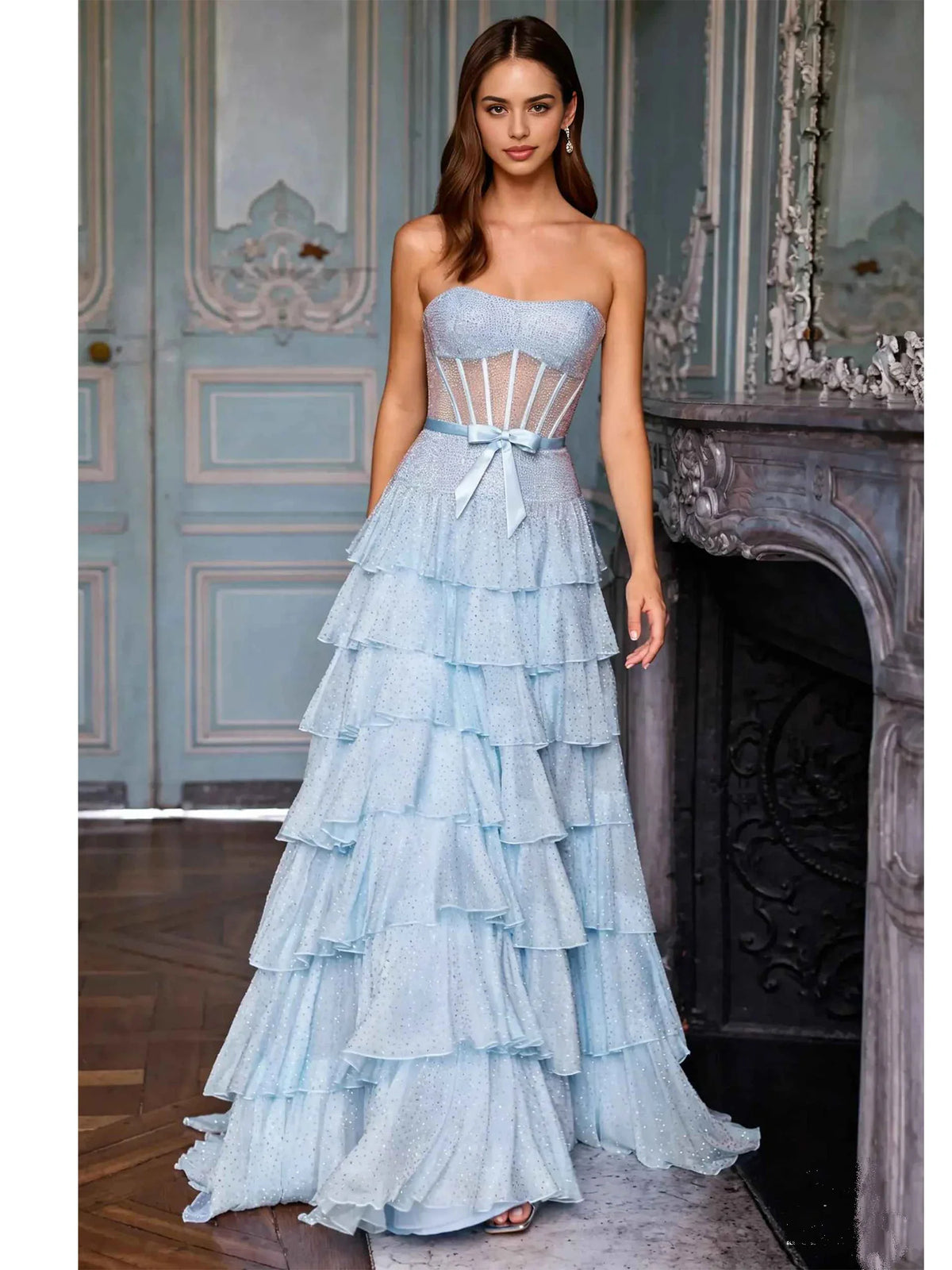 Light Blue a-line floor-length formal dress with sweetheart neckline, full-length front view