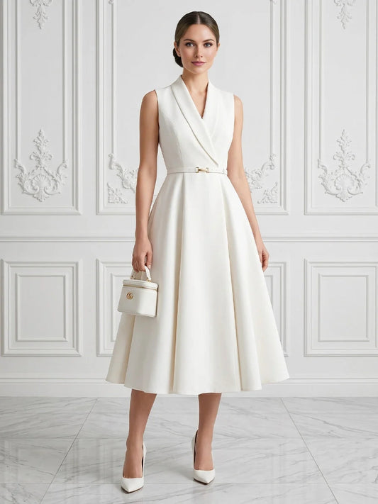 White midi mother of the bride dress, front view showing the a-line silhouette