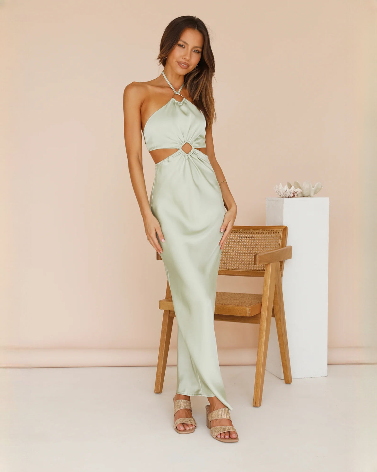 sleeveless satin a-line maxi bridesmaid dress - image 1