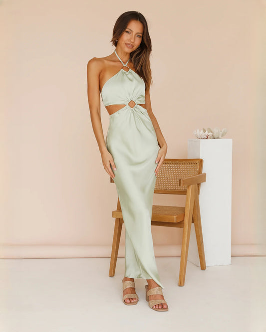sleeveless satin a-line maxi bridesmaid dress - image 1