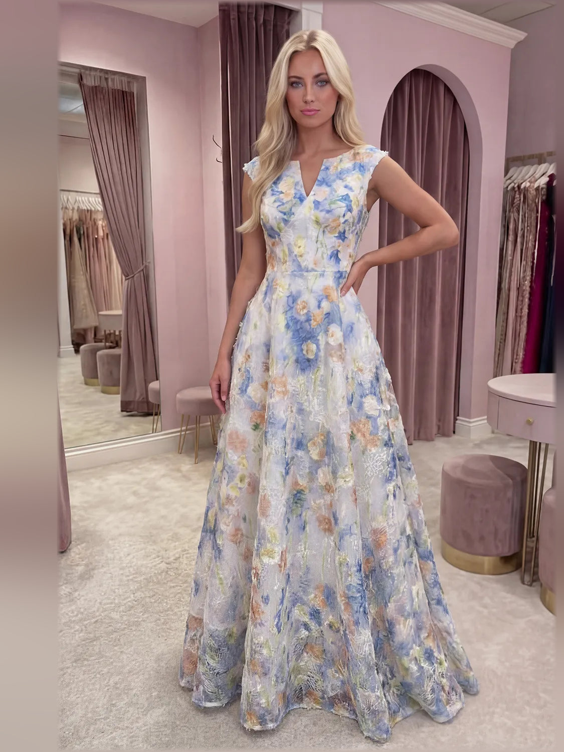 Light Blue a-line floor-length formal dress with V-neckline, full-length front view