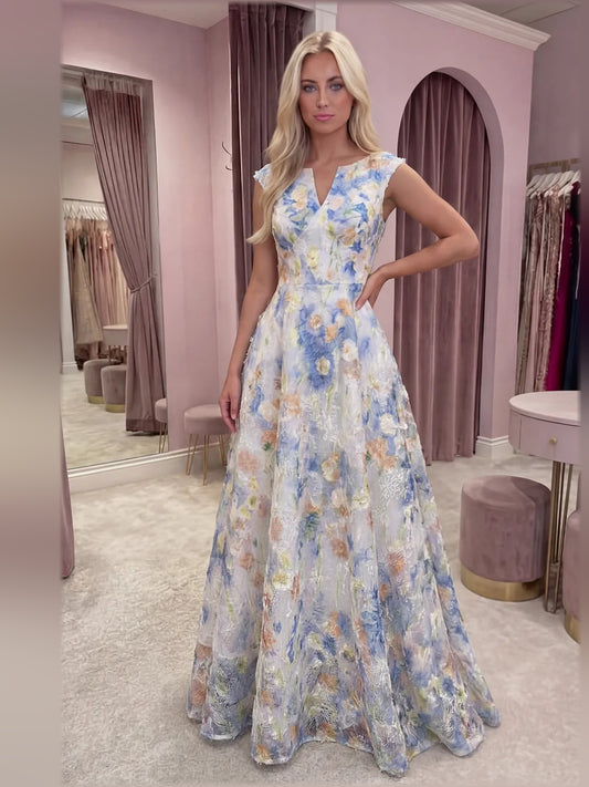 Light Blue a-line floor-length formal dress with V-neckline, full-length front view