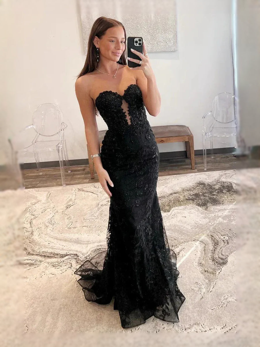 Black floor-length prom dress, front view showing the mermaid silhouette