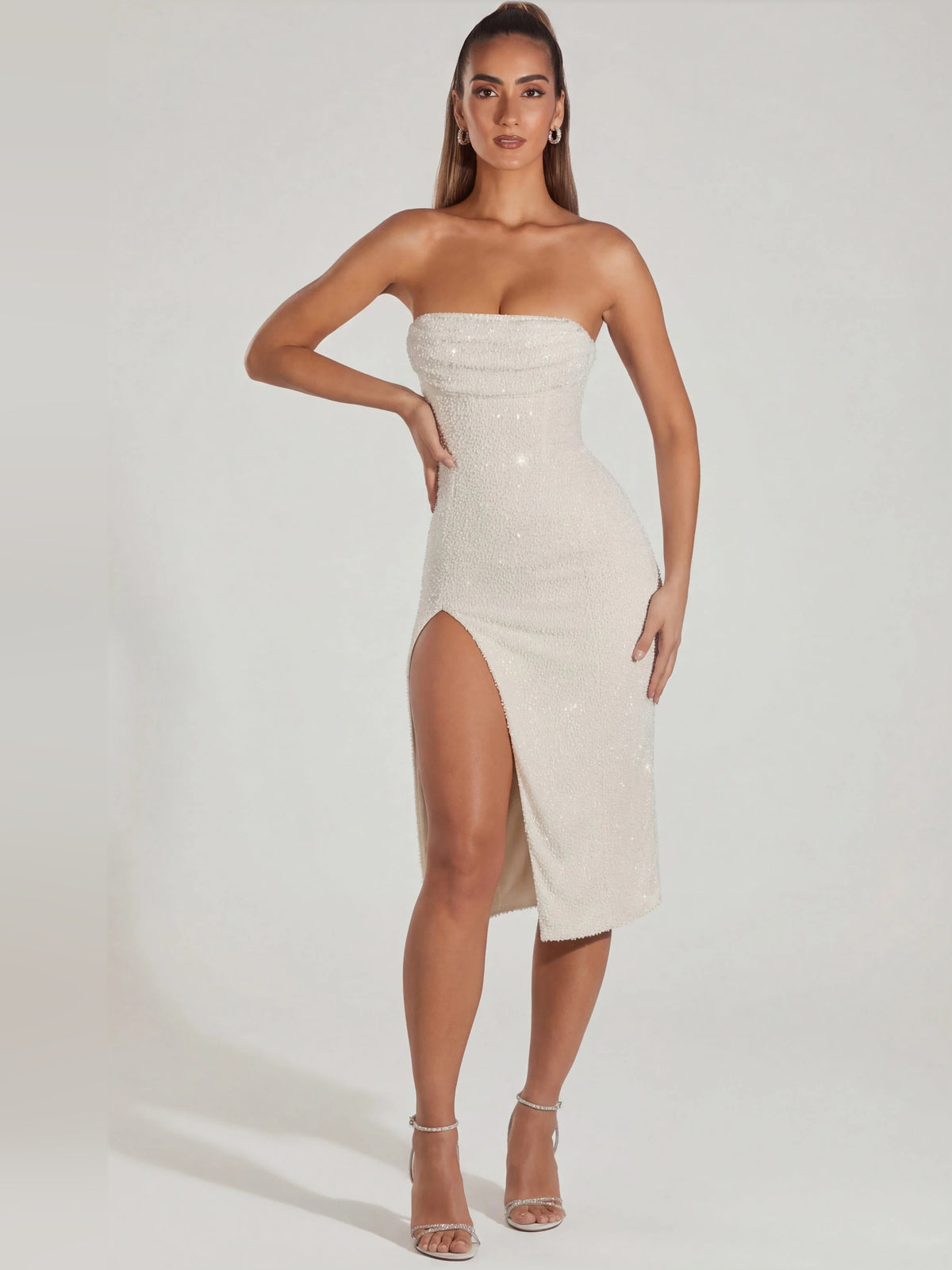 Ivory midi formal dress with cowl neckline, full-length front view