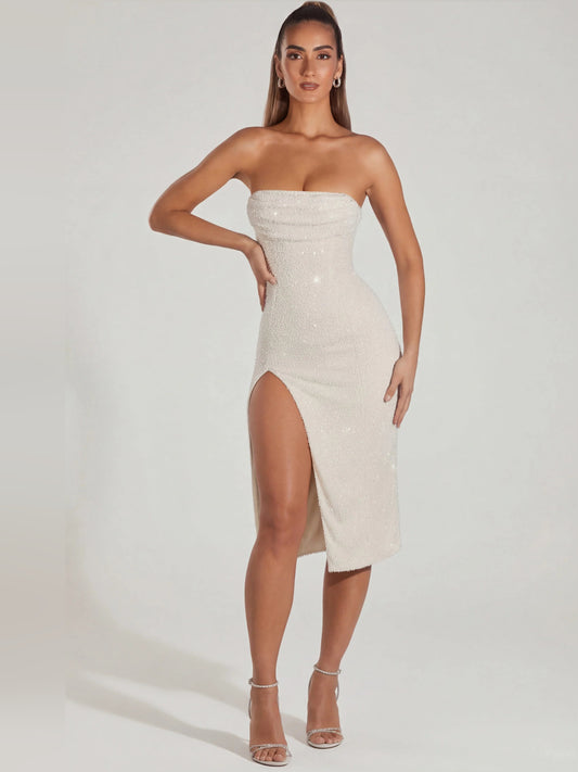 Ivory midi formal dress with cowl neckline, full-length front view
