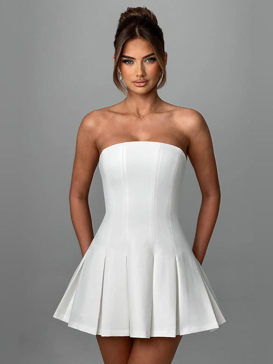 Ivory mini homecoming dress, front view showing the silhouette
