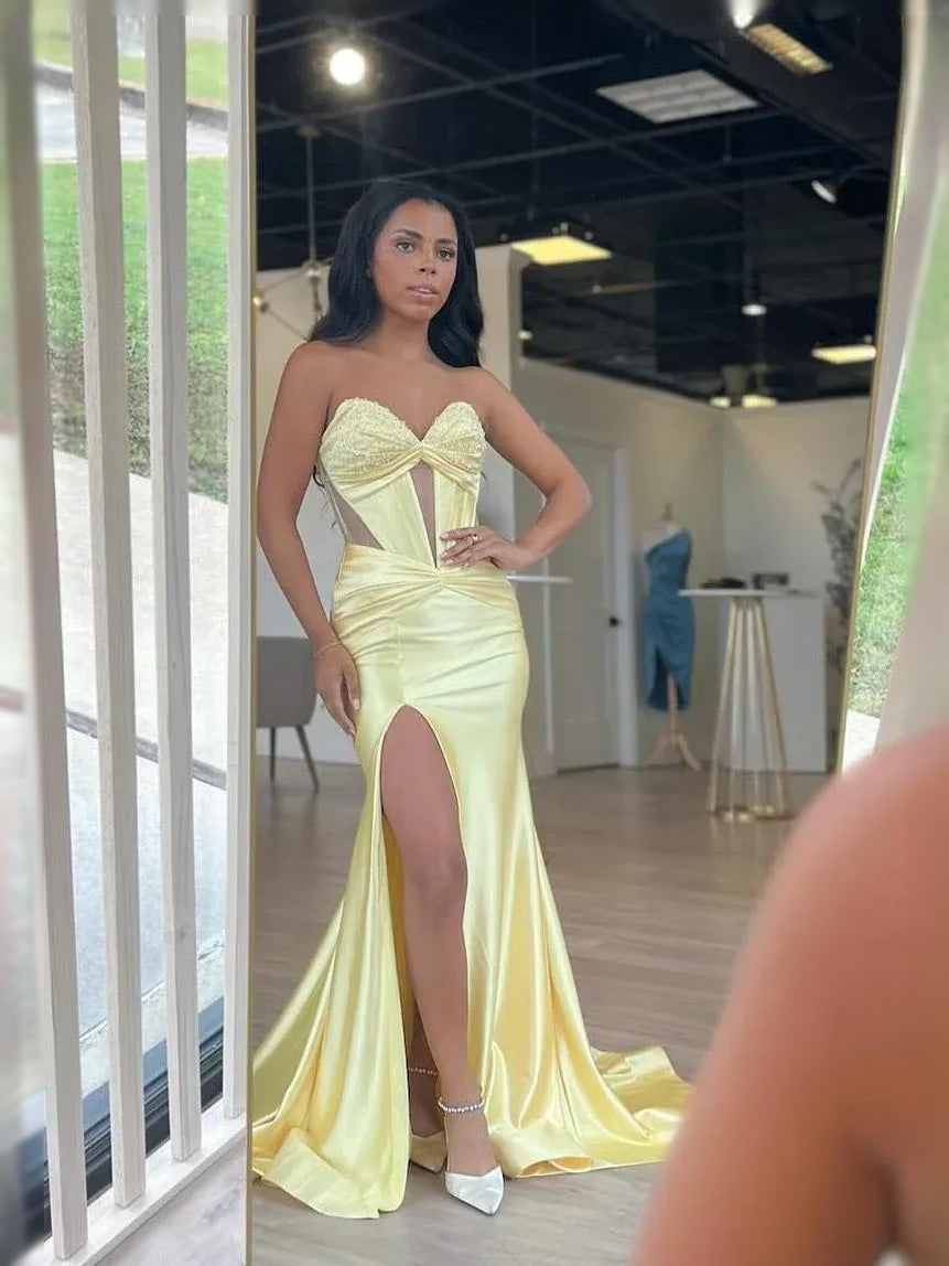 Yellow maxi prom dress, front view showing the mermaid silhouette
