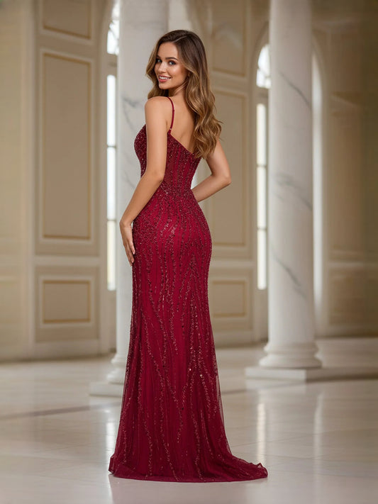 Burgundy maxi prom dress, front view showing the mermaid silhouette